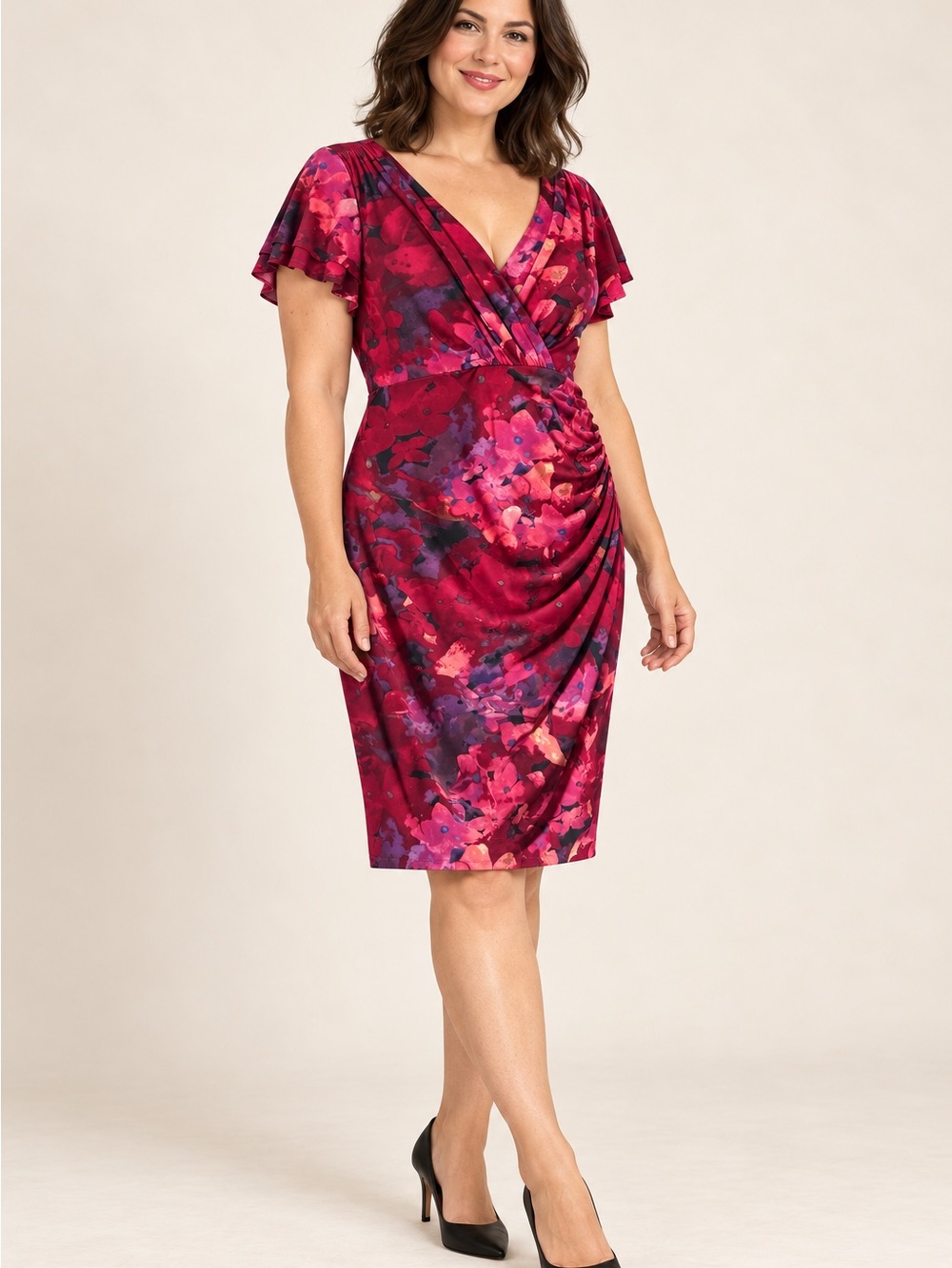 Ralph Lauren Magenta Floral Surplice Ruched Sheath Dress
